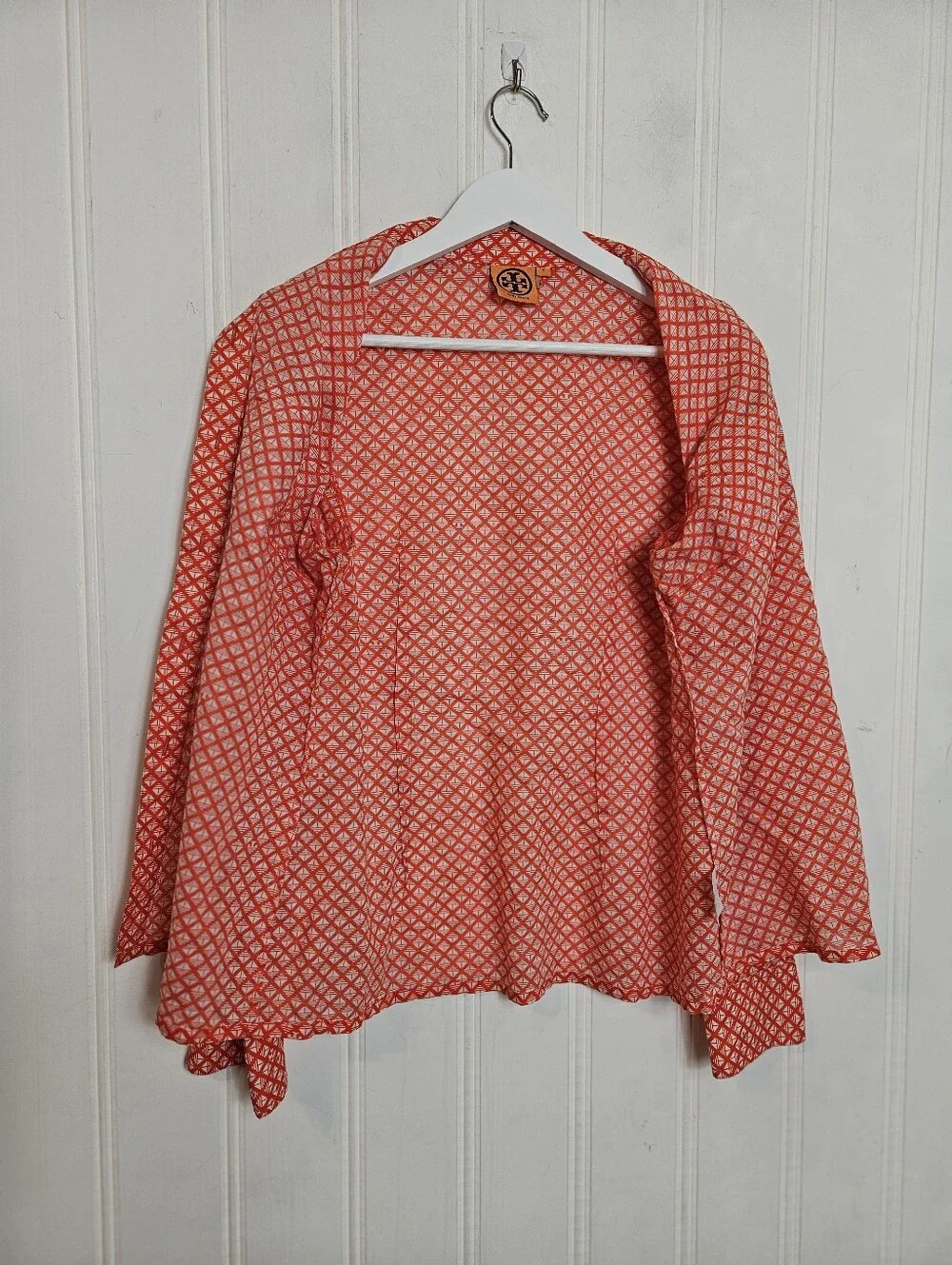Tory Burch Brigitte Blouse 6 Checkerboard Roll Tab Utility Cotton Orange White